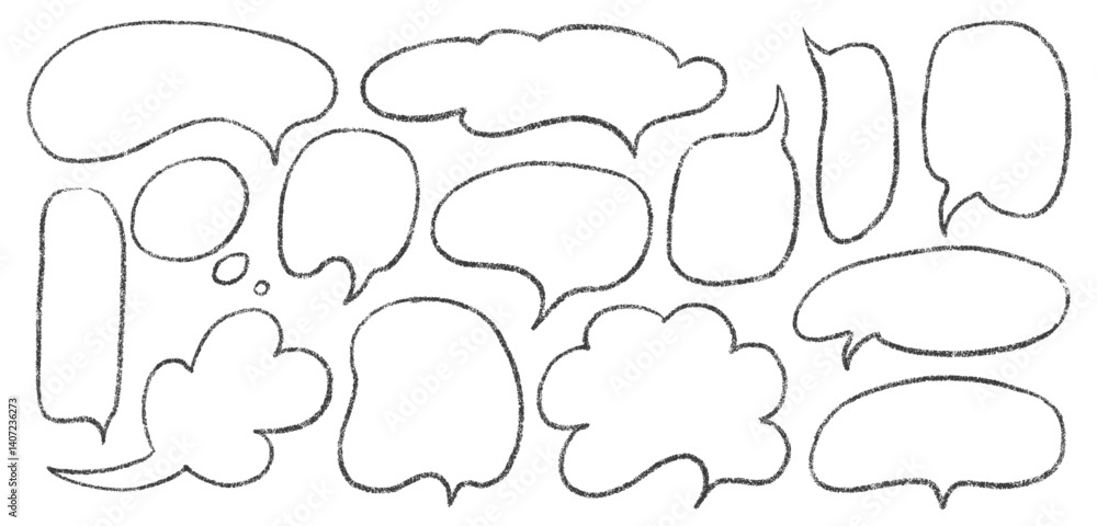 Fototapeta premium Speech Bubble Set with Hand-Drawn Chalk Outlines. Crayon Style Frames and Dialog Shapes on White Background.