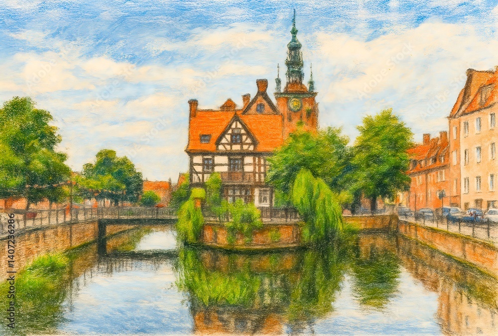 Pastel drawing of Danzig’ old mill on Radunia Canal Pastel drawing of Danzig’ old mill on Radunia Canal