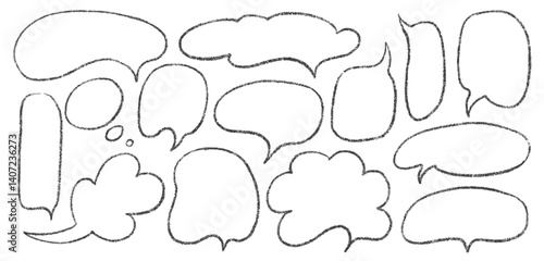 Speech Bubble Set with Hand-Drawn Chalk Outlines. Crayon Style Frames and Dialog Shapes on White Background.