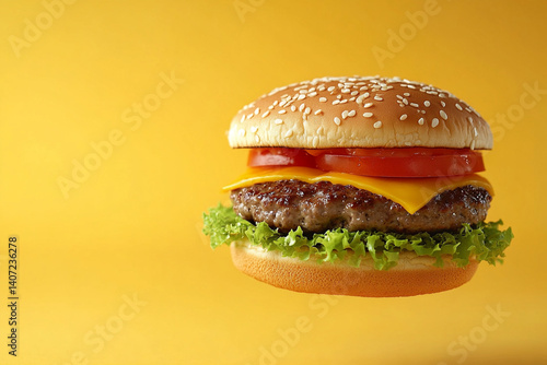 Delicious fast food burger flying on a yellow background 