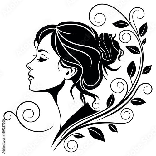 Elegant Woman Profile Floral Hair Bun Vector