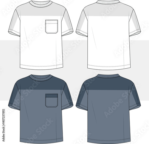 Men and boys basic baggy oversize t shirt, fashion technical drawing, illustration, vector. Front and back view, cad, mockup.