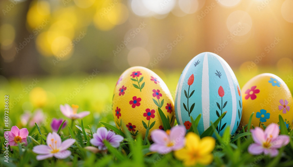 Colorful painted Easter eggs resting in blooming spring grass, festive nature Colorful painted Easter eggs resting in blooming spring grass, festive nature