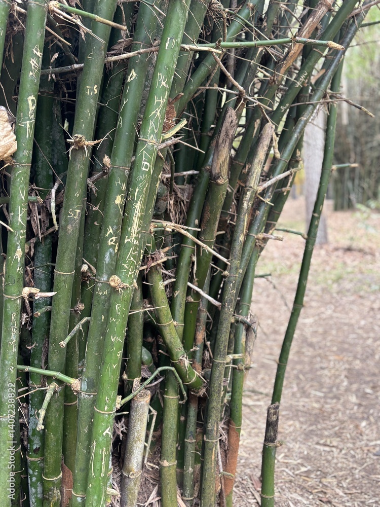 Obraz premium Close-up photo of bamboo stems showcasing natural texture, green color, and vertical lines. Perfect for nature themes, eco-friendly concepts, backgrounds, or botanical design elements.