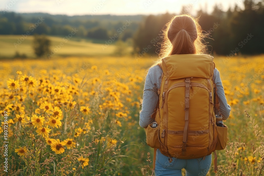 Person hiking with a yellow backpack in a field of yellow flowers with sunlight behind them Person hiking with a yellow backpack in a field of yellow flowers with sunlight behind them