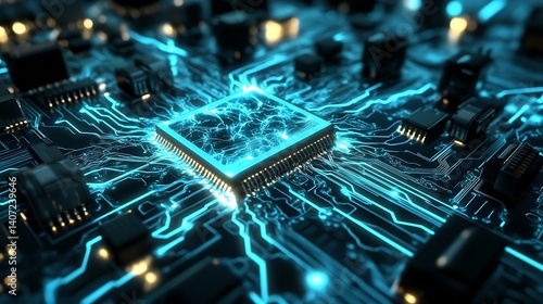 Cybernetic ai chip emitting intense neon energy streams forming a holographic display