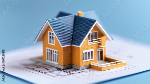 Wallpaper Mural Building house on blueprint among project and construction concept. A detailed model of a modern house on blue background. Torontodigital.ca