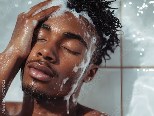 A black man washes his head, soaps himself, drops of water are visible on the white tiled background of the wall.