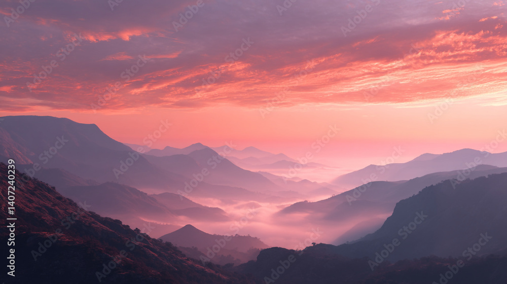 A landscape view of misty mountains at dusk with a pink and orange sky and cloud formations above them A landscape view of misty mountains at dusk with a pink and orange sky and cloud formations above them