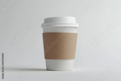 Paper coffee cup with kraft sleeve on blue background for branding, cafe ads and takeaway packaging