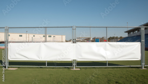 Wallpaper Mural Horizontal banner mockup. Empty advertising banner on wire fence by green football field Torontodigital.ca