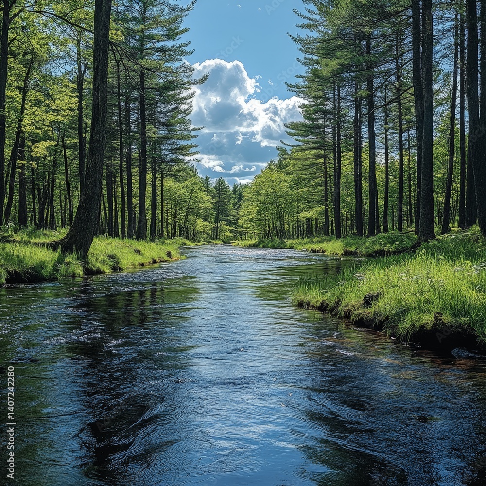 Tranquil Lake with Reflection of Trees and Blue Sky Tranquil Lake with Reflection of Trees and Blue Sky