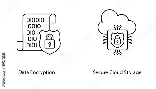 Secure Cloud Storage Data Encryption Cybersecurity Vector Icon Set Design