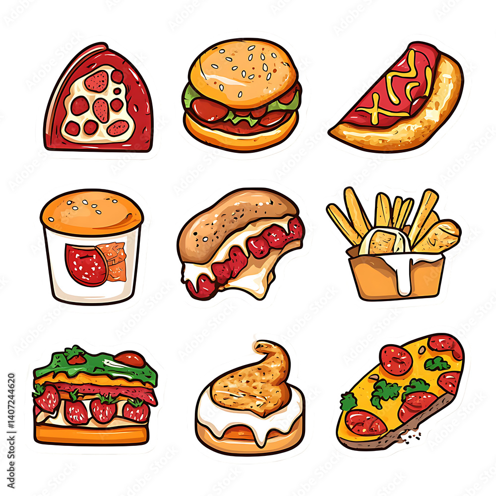 A collection of cartoon images showcasing diverse fast-food options, including burgers, pizza, and fries, in vibrant colors. A collection of cartoon images showcasing diverse fast-food options, including burgers, pizza, and fries, in vibrant colors.
