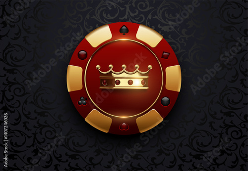 Elegant poker chip in red and gold with a royal crown on dark patterned background. Perfect for casino, VIP entertainment, card games, and luxury gambling visuals