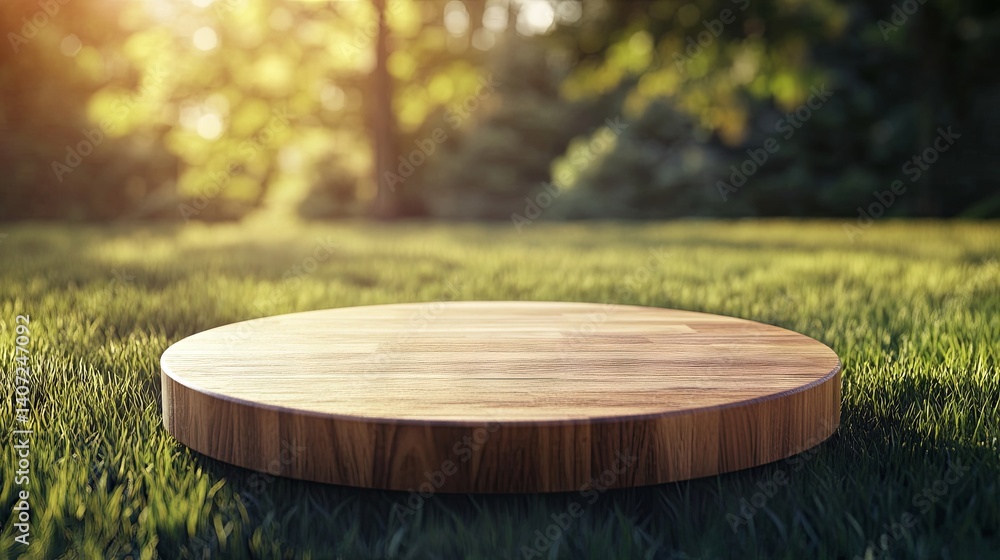 Wooden table platform set against a backdrop of grass and morning sunlight Wooden table platform set against a backdrop of grass and morning sunlight