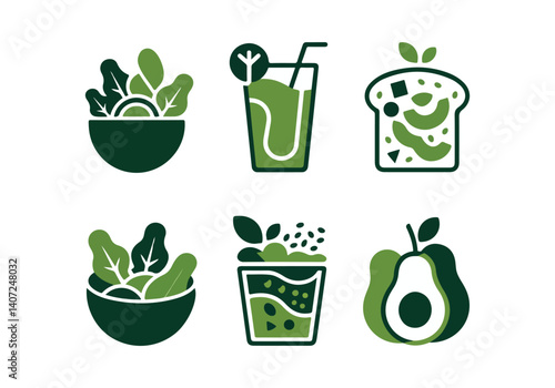  icons of healthy food items like salads, drinks, and avocado toast 