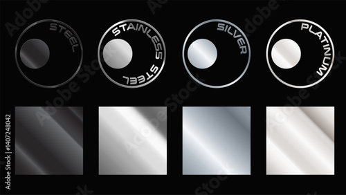 Stainless steel, silver and platinum texture gradation swatch set. Vector aluminum elegant, shiny and metalic gradient template for border design, frame, ribbon, label. Titanium, iron metal background