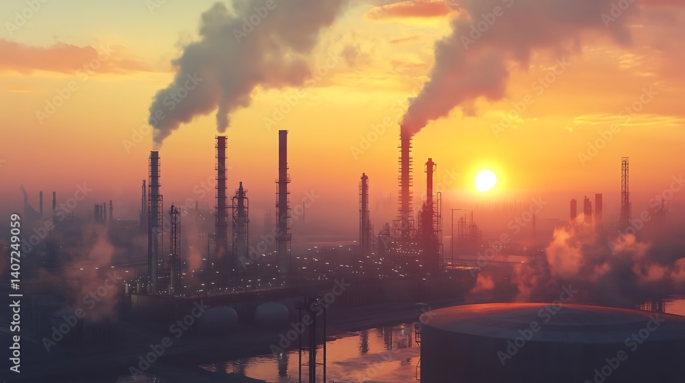 Obraz premium Sunset Over Industrial Complex: A Reflection on Energy and Environment