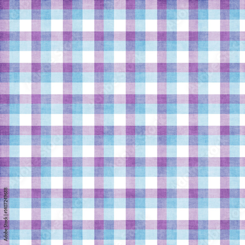 Pastel blue, purple, and white gingham check pattern with soft fabric texture and clean square symmetry. Fresh, gentle geometric background ideal for textiles, wallpapers, stationery, spring designs.