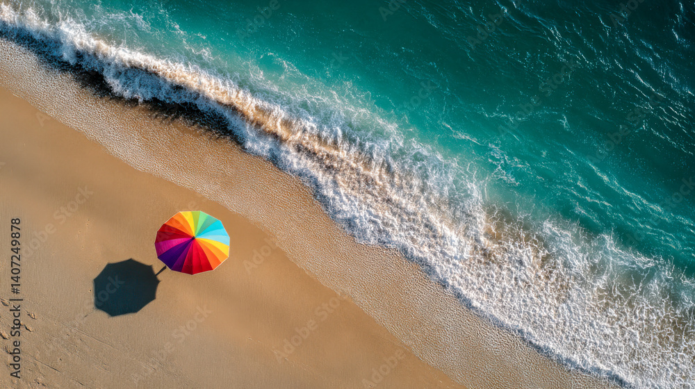 Obraz premium Colorful umbrella on sandy beach with turquoise waves from aerial view