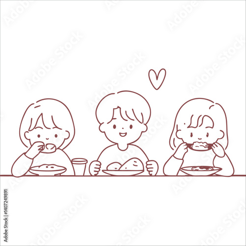Cute kids students having lunch together vector design illustrations.