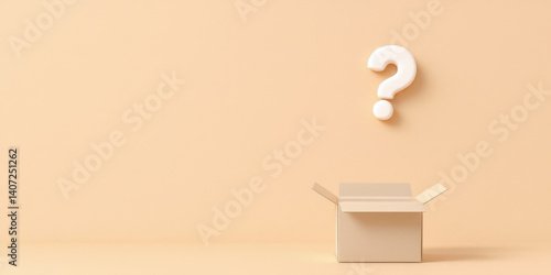 Open box with floating question mark on beige background