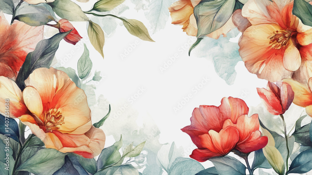 Fototapeta premium Elegant wedding invitation card background . Minimal hand painted watercolor botanical flowers texture template background. Design for wedding, vip cover, poster, rsvp moderncard.Valentine's Day