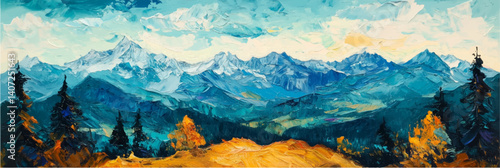 vector illustration of alps mountains landscape with blue sky in style of oil painting on canvas