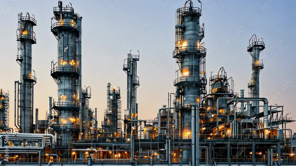 Illuminated Industrial Refinery Complex at Dusk Illuminated Industrial Refinery Complex at Dusk