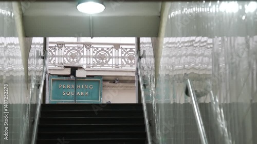 New York City Grand Central Terminal, Pershing Square sign. 42 street, Park Avenue. Subway metro architecture underground metropolitan entrance, exit. Midtown district railroad hub, railway transport.