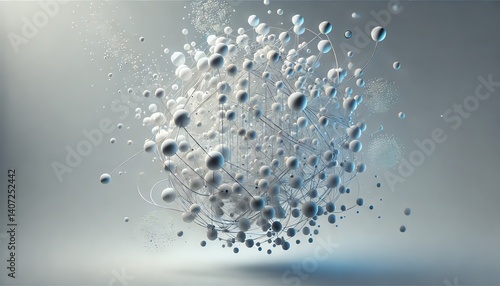 A futuristic 3D abstract structure consisting of interconnected white spheres and thin lines, forming a floating spherical network