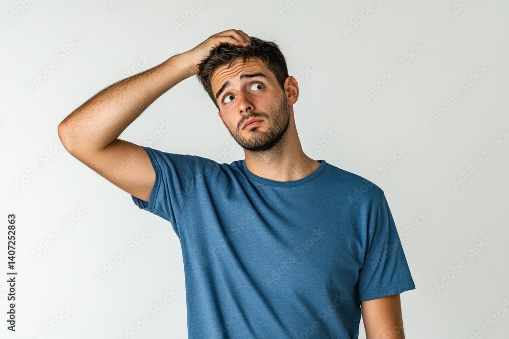 Man scratches head looking confused in studio setting with white background. Man scratches head looking confused in studio setting with white background.