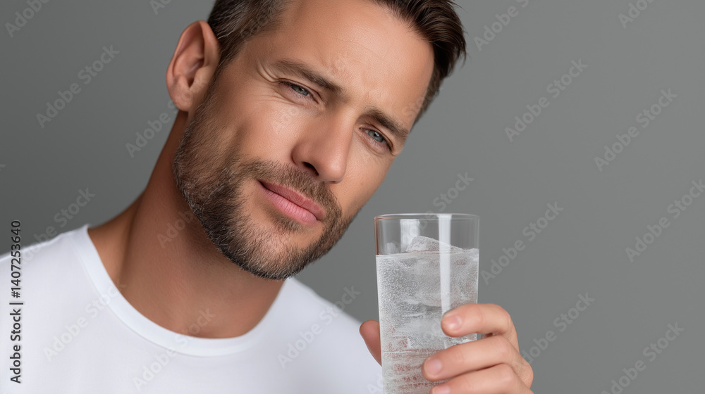 Tooth Sensitivity Illustrated by Man Drinking Ice-Cold Water, Showing Discomfort from Cold Food and Beverages. tooth sensitivity, cold water, ice drink, dental health, discomfort, grimace, sensitive Tooth Sensitivity Illustrated by Man Drinking Ice-Cold Water, Showing Discomfort from Cold Food and Beverages. tooth sensitivity, cold water, ice drink, dental health, discomfort, grimace, sensitive