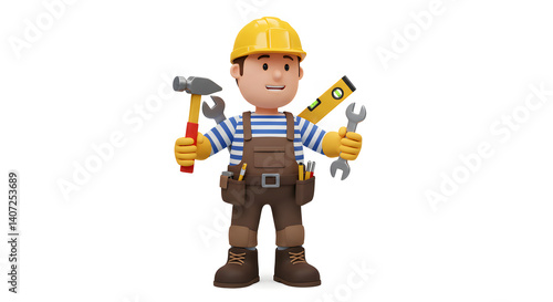 Handyman Cartoon Repairman Construction Worker Tools 3D Render Maintenance