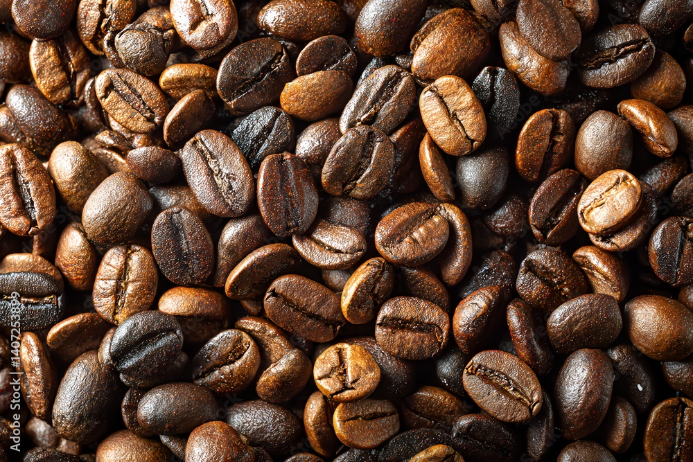 Obraz premium Roasted Coffee Bean Texture: An up-close shot of freshly roasted coffee beans, showcasing their rich brown hues and intricate details.