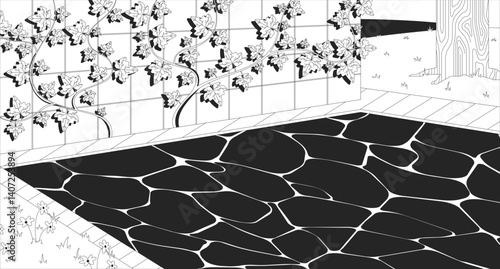 Lo-fi garden pond with tiled ivy wall line illustration backdrop. Clear blue water, calming peaceful vines leaves. Grassy lawn, tree trunk 2D ink outline monochrome background. Lineart vector