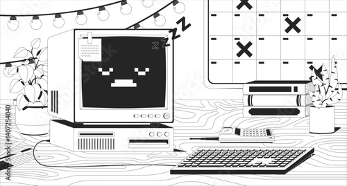 Cozy workspace desk with retro computer lofi illustration outline. Nostalgic tech, calendar marks, PC sleepy zzz, brick phone 2D ink linear flat lo fi drawing. Vector line art aesthetic wallpaper