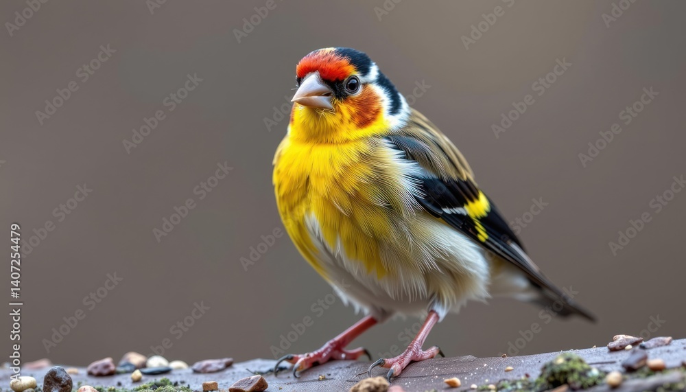 Fototapeta premium Vibrant Male Goldfinch Bird Closeup Detailed Plumage Wildlife Photography