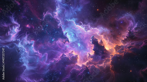 Wallpaper Mural Abstract cosmic landscape featuring a vibrant nebula with purple and blue hues, stars twinkling in the distance, and a sense of infinite space Torontodigital.ca