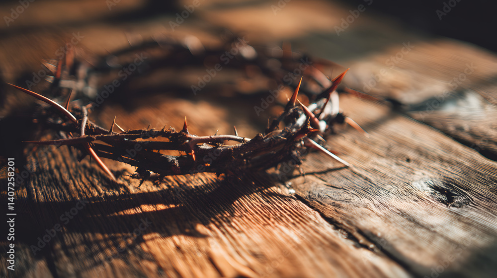 Rustic Crown of Thorns: A poignant symbol of sacrifice, lying on weathered wooden planks, bathed in a warm, evocative light. Rustic Crown of Thorns: A poignant symbol of sacrifice, lying on weathered wooden planks, bathed in a warm, evocative light.