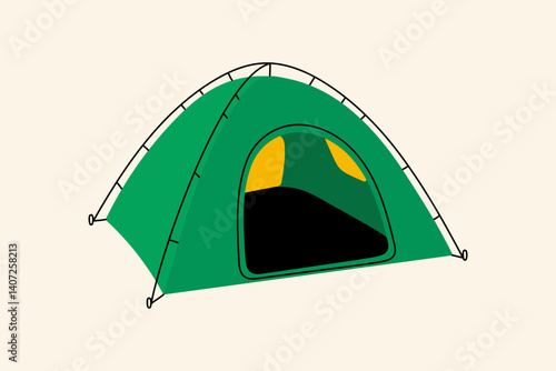 Camping tent illustration. Vector tent for outdoor adventure, hiking, travel, summer vacation, campsite, nature tourism, or wilderness exploration design themes. Flat cartoon style.