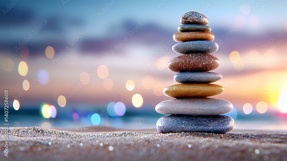 Obraz premium Zen stones stacked on beach at sunset