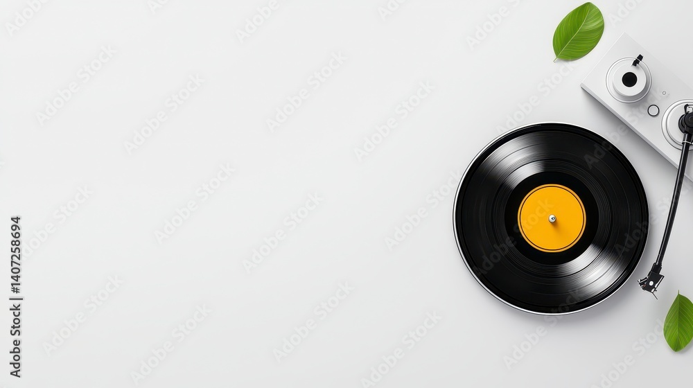 Retro Turntable with Vinyl Record and Green Leaves on White Background