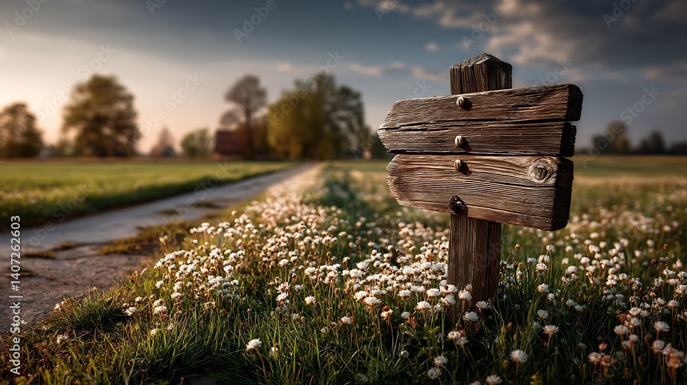 Naklejka premium Journey metaphor at a crossroad direction choice with signpost mockup on empty road cinematic landscape photography