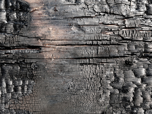 charred wooden surface, showing deep cracks, burned textures, and layers of blackened wood and charcoal background