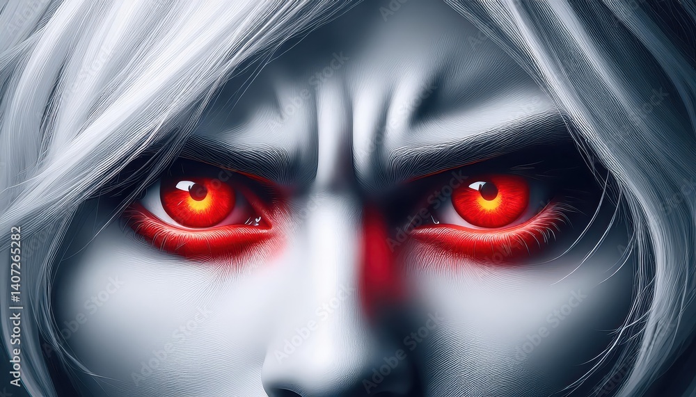Intense Red Eyes Glowing against a Backdrop of Striking White Hair, Capturing the Anger and Emotion in the Close Up Portrait. Intense Red Eyes Glowing against a Backdrop of Striking White Hair, Capturing the Anger and Emotion in the Close Up Portrait.