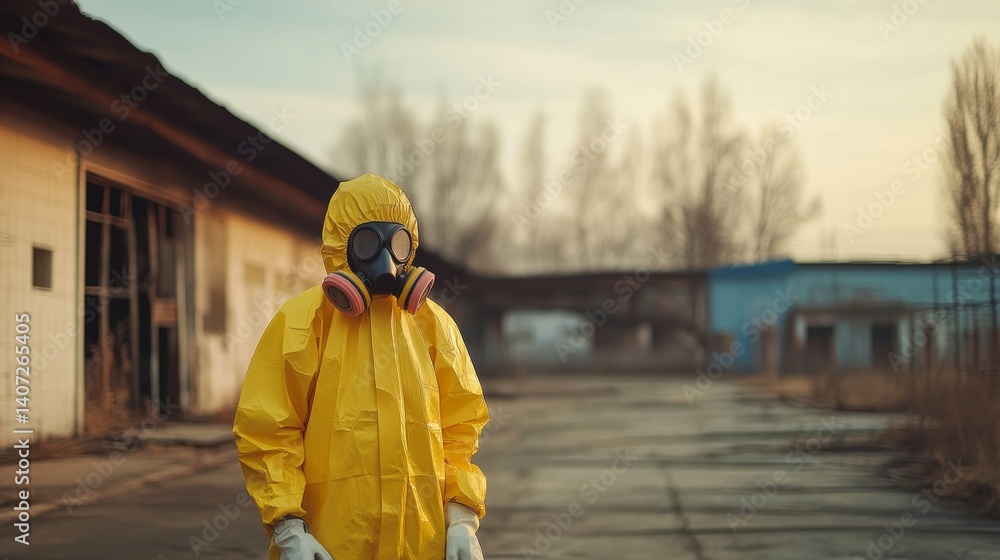 A soldier dressed in a gas mask and hazmat suit cautiously steps into a deserted urban landscape filled with crumbling structures and a smoky atmosphere A soldier dressed in a gas mask and hazmat suit cautiously steps into a deserted urban landscape filled with crumbling structures and a smoky atmosphere