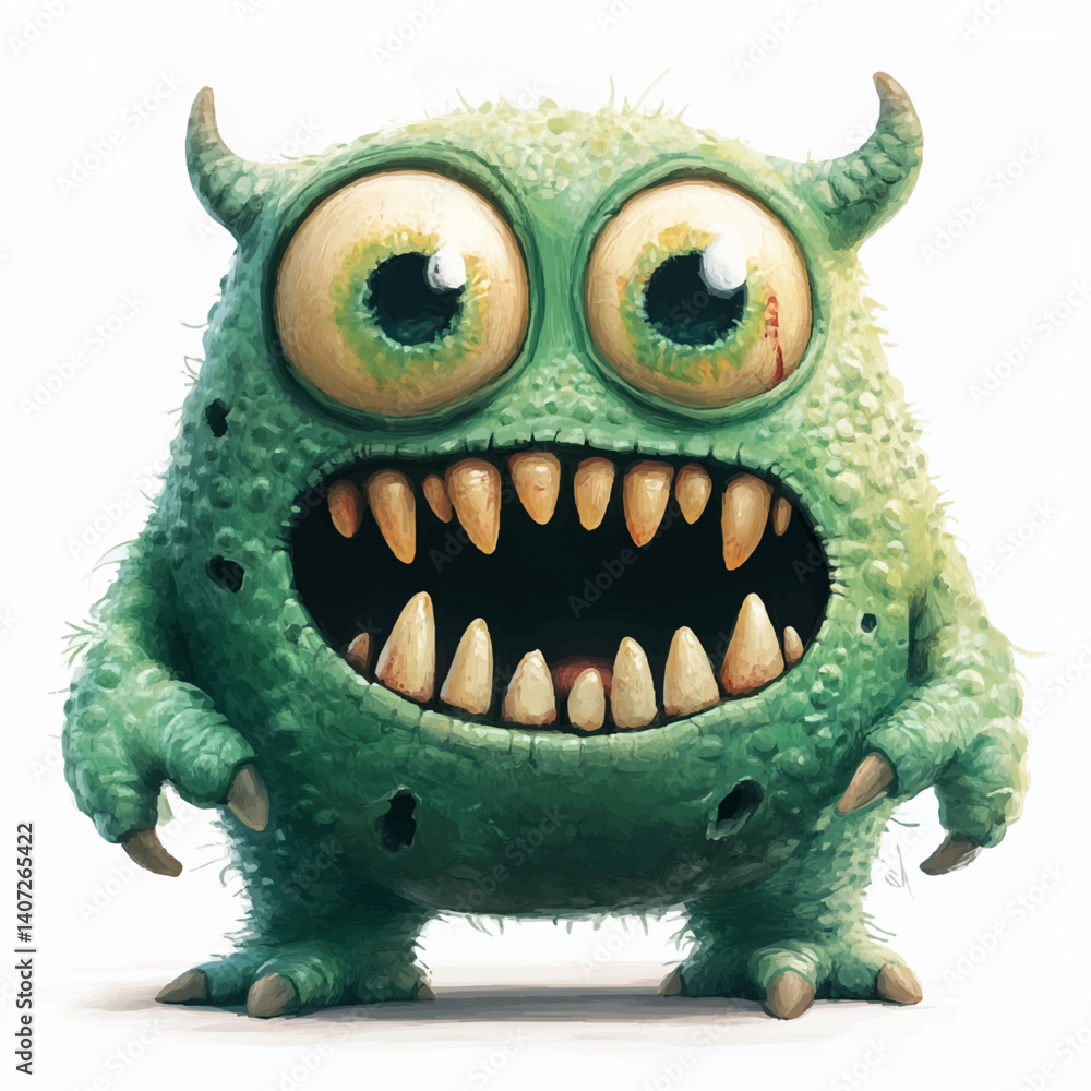 Little Green Monster with Big Teeth and Scary Eyes – Cartoon Character Style Little Green Monster with Big Teeth and Scary Eyes – Cartoon Character Style