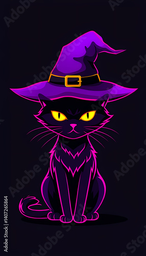 Cute Halloween Cartoon Cat with Hat Sitting on Pumpkin at Night with Bats, Moon, and Owl – Vector Illustration in Spooky, Fun, and Scary Holiday Theme